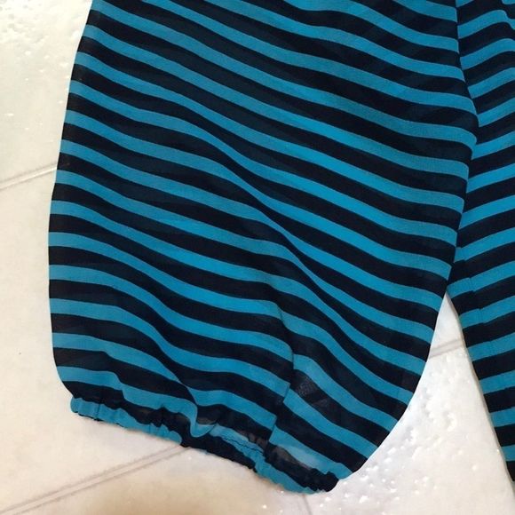 LOFT Teal & Navy Striped Half Button Sheer Blouse - Picture 5 of 6